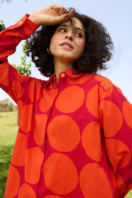 RAAS LIFE Red Linen Cotton Print Polka Collared Neck Marigold Shirt And Trouser Set Online at Aza Fashions RAAS LIFE_Red Linen Cotton Print Polka Collared Neck Marigold Shirt And Trouser Set _Online_at_Aza_Fashions