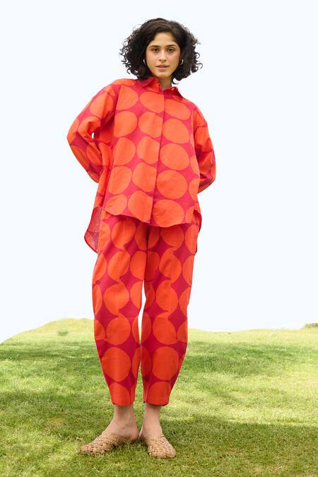 Buy RAAS LIFE Red Linen Cotton Print Polka Collared Neck Marigold Shirt And Trouser Set Online at Aza Fashions Buy_RAAS LIFE_Red Linen Cotton Print Polka Collared Neck Marigold Shirt And Trouser Set _Online_at_Aza_Fashions