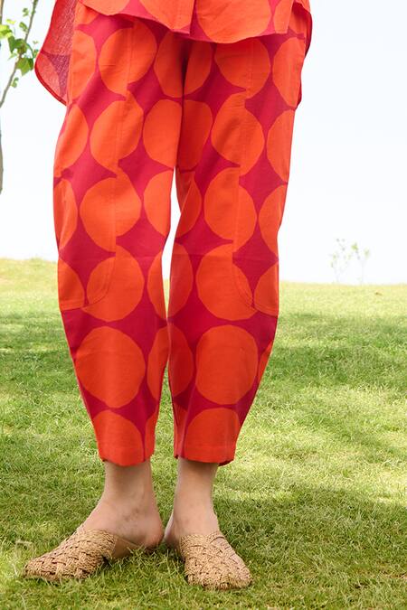 Shop RAAS LIFE Red Linen Cotton Print Polka Collared Neck Marigold Shirt And Trouser Set Online at Aza Fashions Shop_RAAS LIFE_Red Linen Cotton Print Polka Collared Neck Marigold Shirt And Trouser Set _Online_at_Aza_Fashions