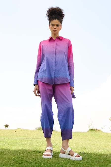 Shop RAAS LIFE Multi Color Linen Cotton Plain Collared Neck Marigold Ombre Shirt With Trouser at Aza Fashions Shop_RAAS LIFE_Multi Color Linen Cotton Plain Collared Neck Marigold Ombre Shirt With Trouser _at_Aza_Fashions