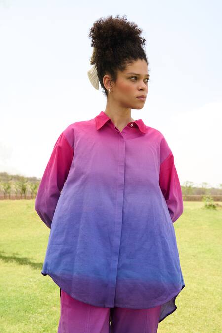 Buy RAAS LIFE Multi Color Linen Cotton Plain Collared Neck Marigold Ombre Shirt With Trouser Online at Aza Fashions Buy_RAAS LIFE_Multi Color Linen Cotton Plain Collared Neck Marigold Ombre Shirt With Trouser _Online_at_Aza_Fashions