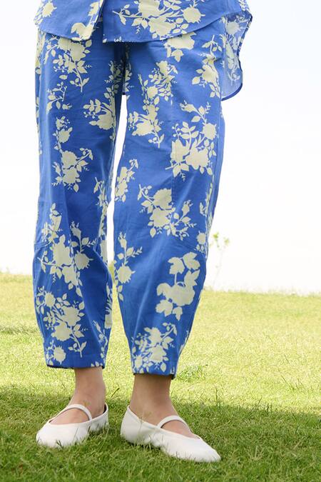 Buy_RAAS LIFE_Blue Linen Cotton Print Floral Collared Neck Marigold Shirt With Trouser _Online_at_Aza_Fashions