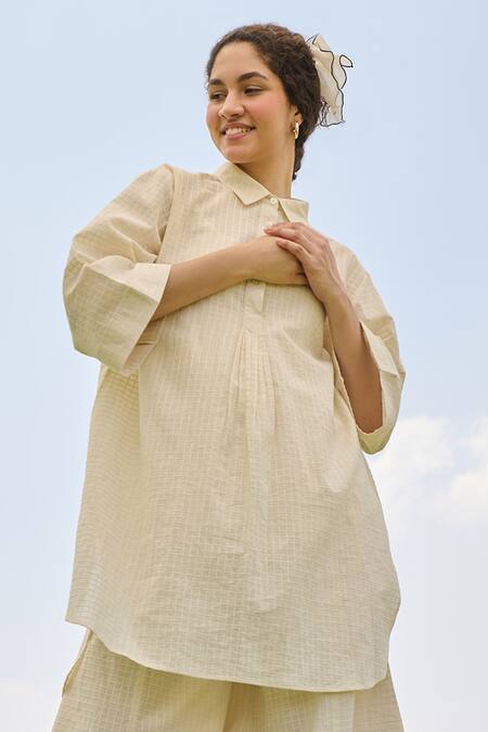 Buy_RAAS LIFE_White Cotton Collared Nargis Chequered Pattern Tunic With Balloon Pant _Online_at_Aza_Fashions