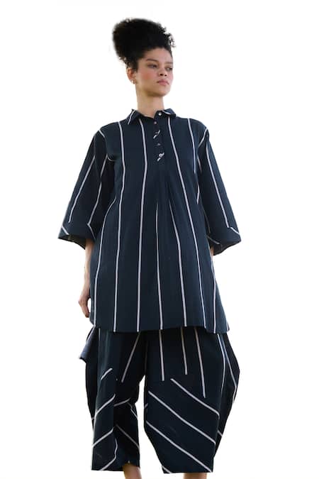RAAS LIFE Black Linen, Cotton Collared Nargis Stripe Pattern Tunic With Balloon Pant Online at Aza Fashions RAAS LIFE_Black Linen, Cotton Collared Nargis Stripe Pattern Tunic With Balloon Pant _Online_at_Aza_Fashions