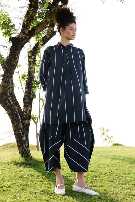 Shop RAAS LIFE Black Linen, Cotton Collared Nargis Stripe Pattern Tunic With Balloon Pant Online at Aza Fashions Shop_RAAS LIFE_Black Linen, Cotton Collared Nargis Stripe Pattern Tunic With Balloon Pant _Online_at_Aza_Fashions