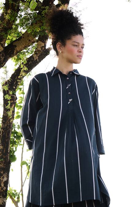 RAAS LIFE Black Linen, Cotton Collared Nargis Stripe Pattern Tunic With Balloon Pant at Aza Fashions RAAS LIFE_Black Linen, Cotton Collared Nargis Stripe Pattern Tunic With Balloon Pant _at_Aza_Fashions