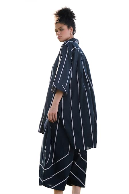 Shop RAAS LIFE Black Linen, Cotton Collared Nargis Stripe Pattern Tunic With Balloon Pant Shop_RAAS LIFE_Black Linen, Cotton Collared Nargis Stripe Pattern Tunic With Balloon Pant