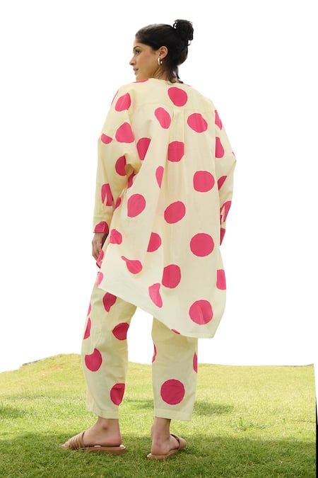 Shop RAAS LIFE Cream Linen Cotton Print Polka Mandarin Collar Poppy Dot Tunic With Trouser at Aza Fashions Shop_RAAS LIFE_Cream Linen Cotton Print Polka Mandarin Collar Poppy Dot Tunic With Trouser _at_Aza_Fashions