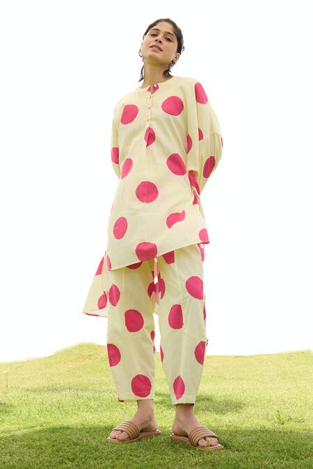 RAAS LIFE Cream Linen Cotton Print Polka Mandarin Collar Poppy Dot Tunic With Trouser at Aza Fashions RAAS LIFE_Cream Linen Cotton Print Polka Mandarin Collar Poppy Dot Tunic With Trouser _at_Aza_Fashions