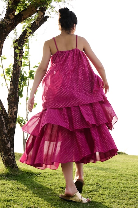 Shop RAAS LIFE Pink Cotton Silk Hand Block Geometric Square Neck Princess Tiered Midi Dress at Aza Fashions Shop_RAAS LIFE_Pink Cotton Silk Hand Block Geometric Square Neck Princess Tiered Midi Dress _at_Aza_Fashions