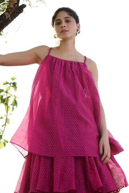 RAAS LIFE Pink Cotton Silk Hand Block Geometric Square Neck Princess Tiered Midi Dress Online at Aza Fashions RAAS LIFE_Pink Cotton Silk Hand Block Geometric Square Neck Princess Tiered Midi Dress _Online_at_Aza_Fashions