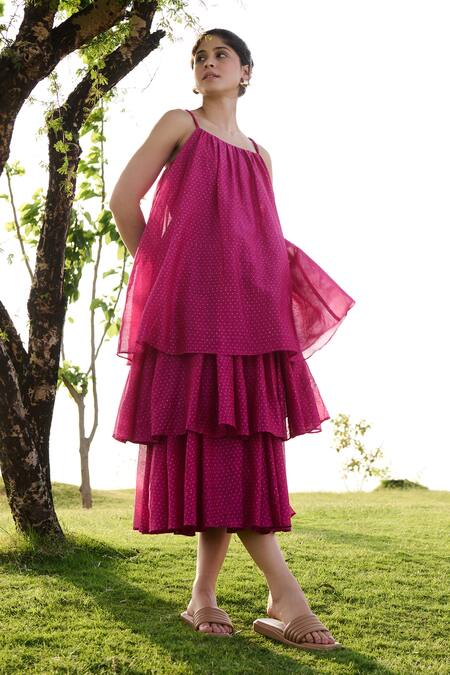 Buy RAAS LIFE Pink Cotton Silk Hand Block Geometric Square Neck Princess Tiered Midi Dress Online at Aza Fashions Buy_RAAS LIFE_Pink Cotton Silk Hand Block Geometric Square Neck Princess Tiered Midi Dress _Online_at_Aza_Fashions
