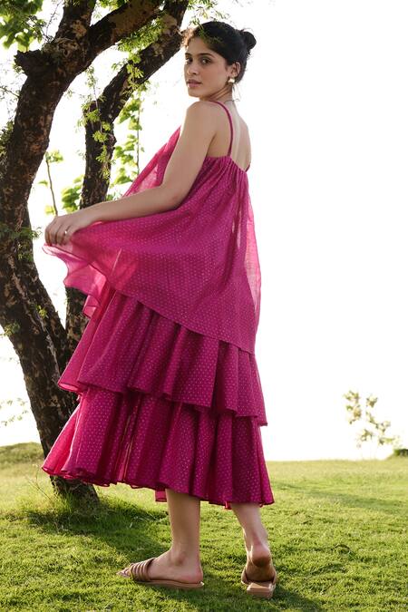 Shop RAAS LIFE Pink Cotton Silk Hand Block Geometric Square Neck Princess Tiered Midi Dress Online at Aza Fashions Shop_RAAS LIFE_Pink Cotton Silk Hand Block Geometric Square Neck Princess Tiered Midi Dress _Online_at_Aza_Fashions