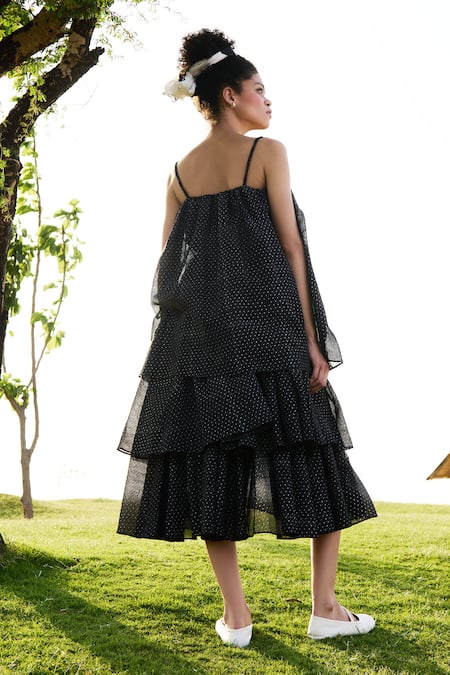 Shop RAAS LIFE Black Cotton Silk Hand Block Geometric Square Neck Princess Frilled Midi Dress at Aza Fashions Shop_RAAS LIFE_Black Cotton Silk Hand Block Geometric Square Neck Princess Frilled Midi Dress _at_Aza_Fashions