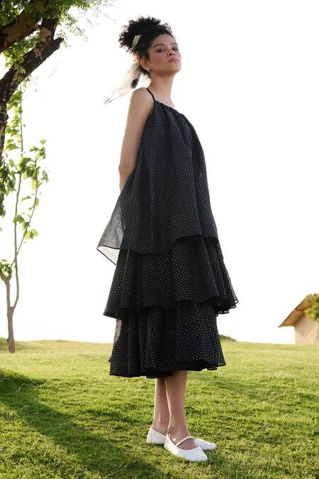 RAAS LIFE Black Cotton Silk Hand Block Geometric Square Neck Princess Frilled Midi Dress Online at Aza Fashions RAAS LIFE_Black Cotton Silk Hand Block Geometric Square Neck Princess Frilled Midi Dress _Online_at_Aza_Fashions