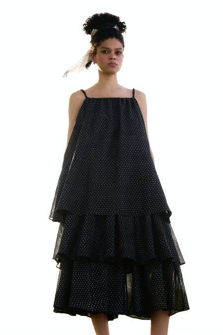 Buy RAAS LIFE Black Cotton Silk Hand Block Geometric Square Neck Princess Frilled Midi Dress Online at Aza Fashions Buy_RAAS LIFE_Black Cotton Silk Hand Block Geometric Square Neck Princess Frilled Midi Dress _Online_at_Aza_Fashions