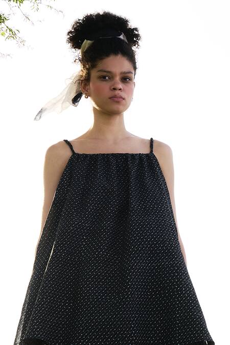 Shop RAAS LIFE Black Cotton Silk Hand Block Geometric Square Neck Princess Frilled Midi Dress Online at Aza Fashions Shop_RAAS LIFE_Black Cotton Silk Hand Block Geometric Square Neck Princess Frilled Midi Dress _Online_at_Aza_Fashions