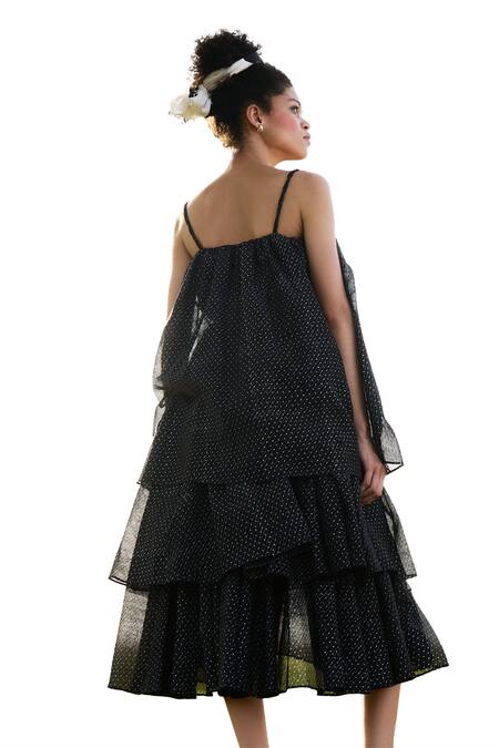 RAAS LIFE Black Cotton Silk Hand Block Geometric Square Neck Princess Frilled Midi Dress at Aza Fashions RAAS LIFE_Black Cotton Silk Hand Block Geometric Square Neck Princess Frilled Midi Dress _at_Aza_Fashions