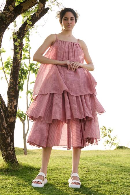 RAAS LIFE_Pink Cotton Silk Hand Block Geometric Square Neck Princess Print Midi Dress _Online_at_Aza_Fashions