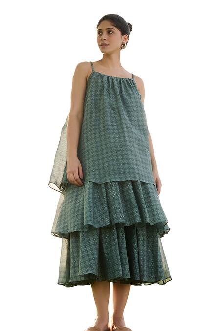 RAAS LIFE_Blue Cotton Silk Hand Block Geometric Square Neck Princess Tiered Dress _Online_at_Aza_Fashions