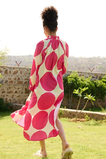 Shop_RAAS LIFE_Pink Linen Cotton Print Polka Frilled Neck Daisy Dress _at_Aza_Fashions