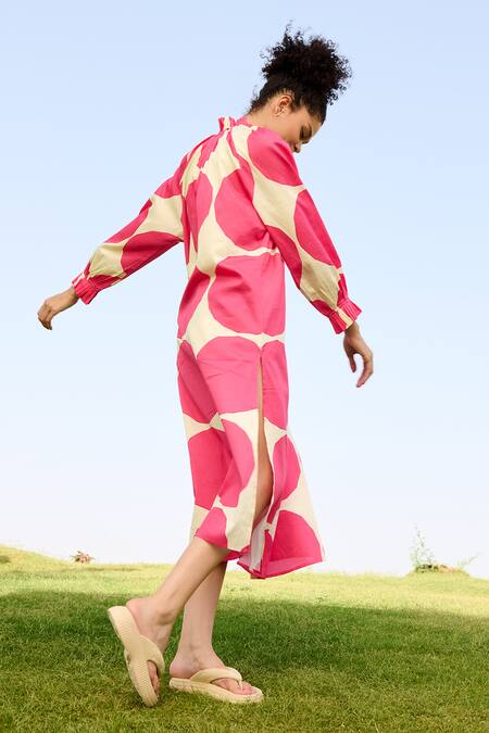 RAAS LIFE_Pink Linen Cotton Print Polka Frilled Neck Daisy Dress _Online_at_Aza_Fashions