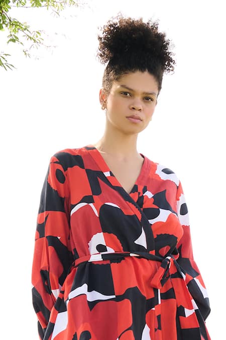 RAAS LIFE_Red Linen Cotton Print Pixel Mekko V Neck Rosa Top And Pant Set_Online_at_Aza_Fashions