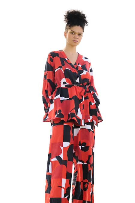 Buy_RAAS LIFE_Red Linen Cotton Print Pixel Mekko V Neck Rosa Top And Pant Set_Online_at_Aza_Fashions