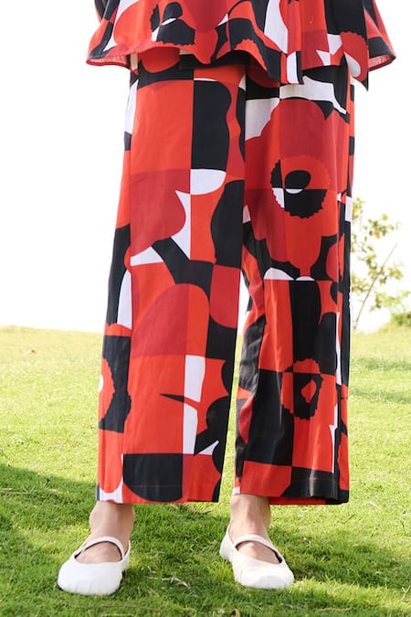 Shop_RAAS LIFE_Red Linen Cotton Print Pixel Mekko V Neck Rosa Top And Pant Set_Online_at_Aza_Fashions