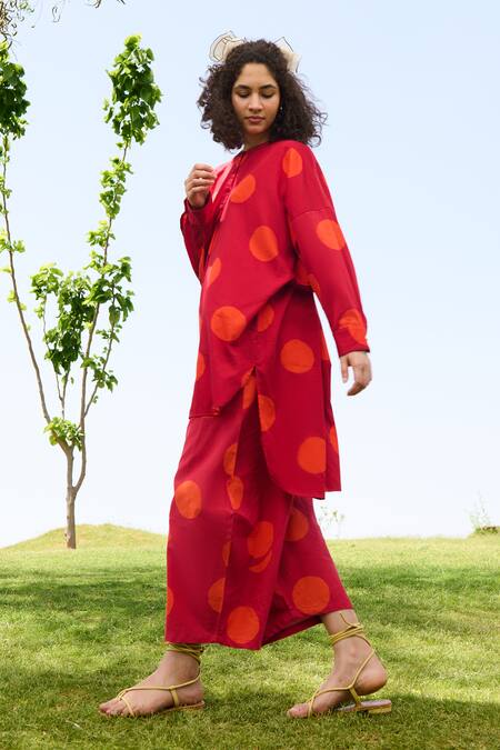 RAAS LIFE Red Linen, Cotton Round Neck Polka Print Tunic And Balloon Pant Set Online at Aza Fashions RAAS LIFE_Red Linen, Cotton Round Neck Polka Print Tunic And Balloon Pant Set _Online_at_Aza_Fashions
