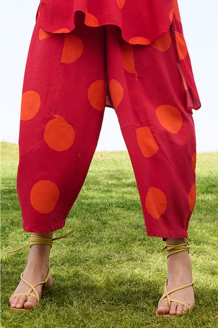 Shop RAAS LIFE Red Linen, Cotton Round Neck Polka Print Tunic And Balloon Pant Set Online at Aza Fashions Shop_RAAS LIFE_Red Linen, Cotton Round Neck Polka Print Tunic And Balloon Pant Set _Online_at_Aza_Fashions
