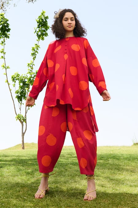 RAAS LIFE Red Linen, Cotton Round Neck Polka Print Tunic And Balloon Pant Set at Aza Fashions RAAS LIFE_Red Linen, Cotton Round Neck Polka Print Tunic And Balloon Pant Set _at_Aza_Fashions