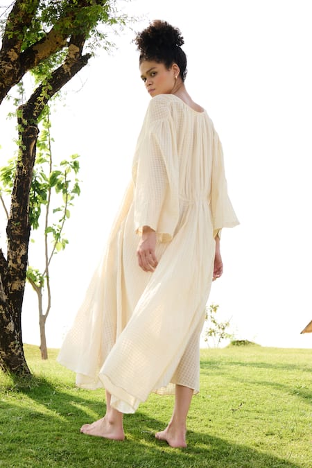 Shop RAAS LIFE Off White Cotton V-neck Shri Chequered Dress at Aza Fashions Shop_RAAS LIFE_Off White Cotton V-neck Shri Chequered Dress _at_Aza_Fashions