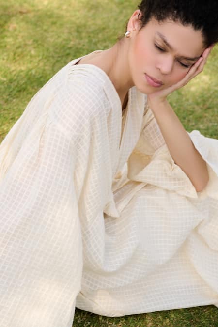 RAAS LIFE Off White Cotton V-neck Shri Chequered Dress Online at Aza Fashions RAAS LIFE_Off White Cotton V-neck Shri Chequered Dress _Online_at_Aza_Fashions