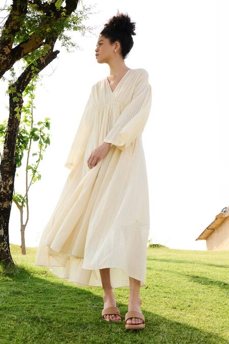 Buy RAAS LIFE Off White Cotton V-neck Shri Chequered Dress Online at Aza Fashions Buy_RAAS LIFE_Off White Cotton V-neck Shri Chequered Dress _Online_at_Aza_Fashions