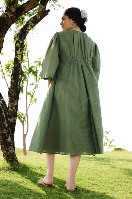 Shop RAAS LIFE Green 100% Cotton Chequered V Neck Shringara Midi Dress at Aza Fashions Shop_RAAS LIFE_Green 100% Cotton Chequered V Neck Shringara Midi Dress _at_Aza_Fashions