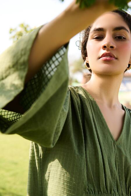 Shop RAAS LIFE Green 100% Cotton Chequered V Neck Shringara Midi Dress Online at Aza Fashions Shop_RAAS LIFE_Green 100% Cotton Chequered V Neck Shringara Midi Dress _Online_at_Aza_Fashions