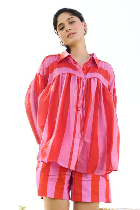 RAAS LIFE Pink Cotton, Silk, Linen Collared Bebo Candy Striped Print Shirt With Shorts Online at Aza Fashions RAAS LIFE_Pink Cotton, Silk, Linen Collared Bebo Candy Striped Print Shirt With Shorts _Online_at_Aza_Fashions