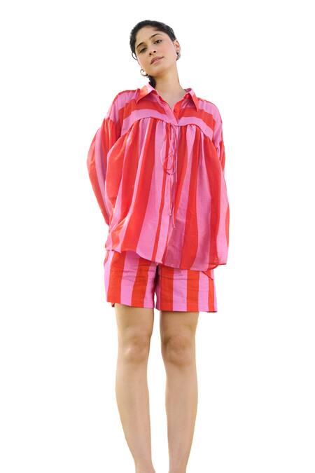 Buy RAAS LIFE Pink Cotton, Silk, Linen Collared Bebo Candy Striped Print Shirt With Shorts Online at Aza Fashions Buy_RAAS LIFE_Pink Cotton, Silk, Linen Collared Bebo Candy Striped Print Shirt With Shorts _Online_at_Aza_Fashions