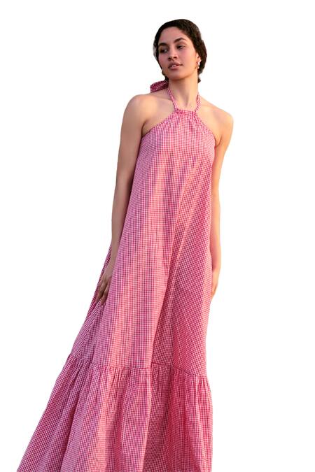 Buy RAAS LIFE Red 100% Cotton Print Madras Checkered Halter Birds Of Paradise Maxi Dress Online at Aza Fashions Buy_RAAS LIFE_Red 100% Cotton Print Madras Checkered Halter Birds Of Paradise Maxi Dress _Online_at_Aza_Fashions