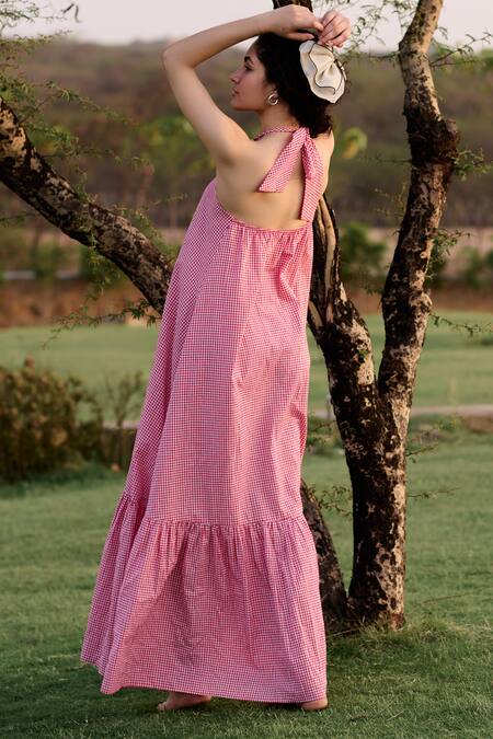 Shop RAAS LIFE Red 100% Cotton Print Madras Checkered Halter Birds Of Paradise Maxi Dress Online at Aza Fashions Shop_RAAS LIFE_Red 100% Cotton Print Madras Checkered Halter Birds Of Paradise Maxi Dress _Online_at_Aza_Fashions