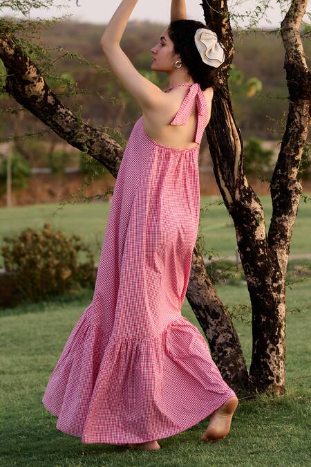 RAAS LIFE Red 100% Cotton Print Madras Checkered Halter Birds Of Paradise Maxi Dress at Aza Fashions RAAS LIFE_Red 100% Cotton Print Madras Checkered Halter Birds Of Paradise Maxi Dress _at_Aza_Fashions