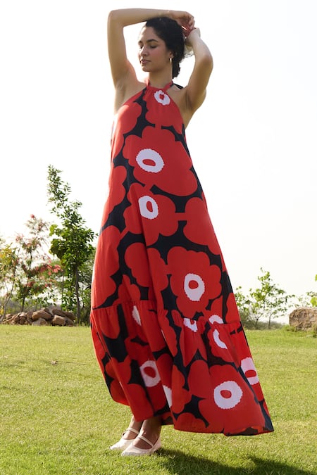 RAAS LIFE Red Linen Cotton Print Mekko Halter Neck Birds Of Paradise Maxi Dress 