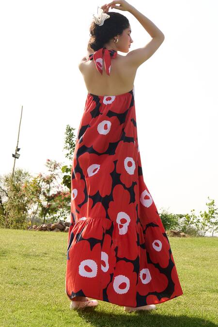 Shop RAAS LIFE Red Linen Cotton Print Mekko Halter Neck Birds Of Paradise Maxi Dress at Aza Fashions Shop_RAAS LIFE_Red Linen Cotton Print Mekko Halter Neck Birds Of Paradise Maxi Dress_at_Aza_Fashions