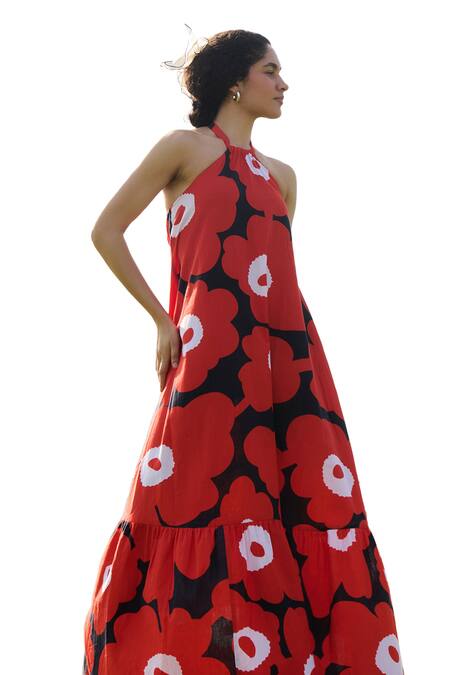 Buy RAAS LIFE Red Linen Cotton Print Mekko Halter Neck Birds Of Paradise Maxi Dress Online at Aza Fashions Buy_RAAS LIFE_Red Linen Cotton Print Mekko Halter Neck Birds Of Paradise Maxi Dress_Online_at_Aza_Fashions