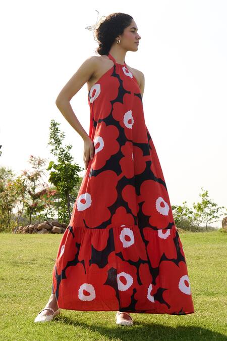 Shop RAAS LIFE Red Linen Cotton Print Mekko Halter Neck Birds Of Paradise Maxi Dress Online at Aza Fashions Shop_RAAS LIFE_Red Linen Cotton Print Mekko Halter Neck Birds Of Paradise Maxi Dress_Online_at_Aza_Fashions