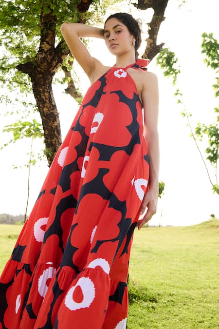 RAAS LIFE Red Linen Cotton Print Mekko Halter Neck Birds Of Paradise Maxi Dress at Aza Fashions RAAS LIFE_Red Linen Cotton Print Mekko Halter Neck Birds Of Paradise Maxi Dress_at_Aza_Fashions