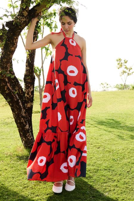 Buy RAAS LIFE Red Linen Cotton Print Mekko Halter Neck Birds Of Paradise Maxi Dress Buy_RAAS LIFE_Red Linen Cotton Print Mekko Halter Neck Birds Of Paradise Maxi Dress
