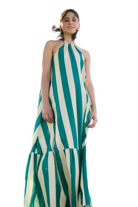 RAAS LIFE Green Linen Cotton Print Stripe Halter Neck Birds Of Paradise Maxi Dress Online at Aza Fashions RAAS LIFE_Green Linen Cotton Print Stripe Halter Neck Birds Of Paradise Maxi Dress _Online_at_Aza_Fashions