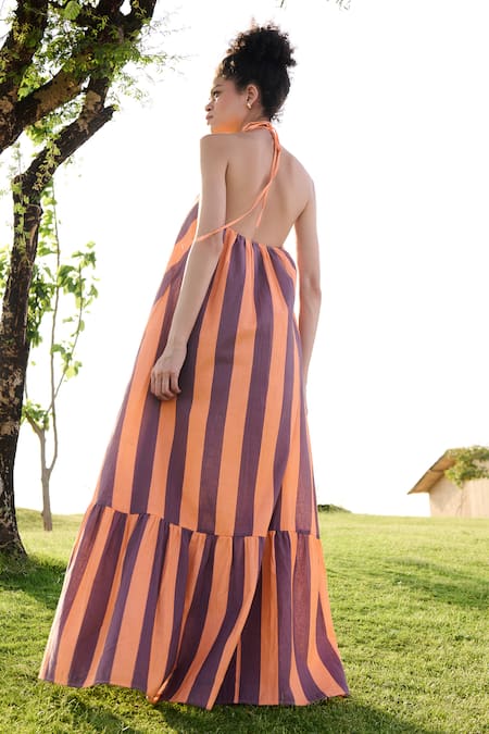 Shop RAAS LIFE Orange Linen Cotton Print Stripe Halter Neck Birds Of Paradise Bar Maxi Dress at Aza Fashions Shop_RAAS LIFE_Orange Linen Cotton Print Stripe Halter Neck Birds Of Paradise Bar Maxi Dress _at_Aza_Fashions